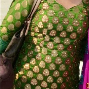 Green & Gold Indian Outfit w/embroidery,pure silk Salwaar & Green Dupatta w/lace